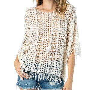 Vocal Crochet Knit Top Cream Open Knit Fringe Boxy Festival Beachy Western